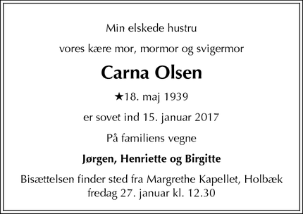 Dødsannoncen for Carna Olsen - Holbæk