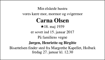 Dødsannoncen for Carna Olsen - Holbæk