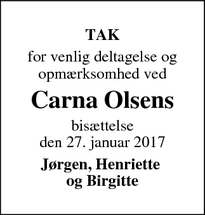 Dødsannoncen for Carna Olsens - Holbæk