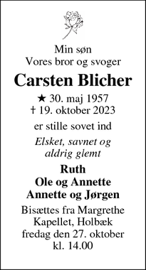 Dødsannoncen for Carsten Blicher - Roskilde