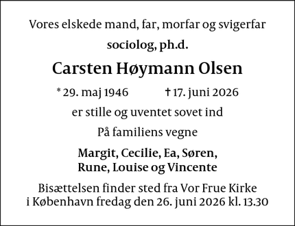 Dødsannoncen for Carsten H&oslash;ymann Olsen - København