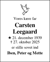 Dødsannoncen for Carsten
Leegaard - Grenå