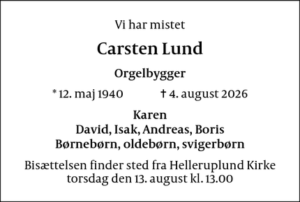 Dødsannoncen for Carsten Lund - Gentofte