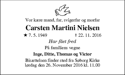 Dødsannoncen for Carsten Martini Nielsen - Søborg