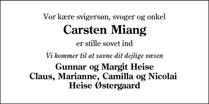 Dødsannoncen for Carsten Miang - Sønderborg