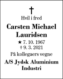 Dødsannoncen for Carsten Michael
Lauridsen - 7880 Vildbjerg