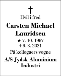 Dødsannoncen for Carsten Michael
Lauridsen - 7880 Vildbjerg