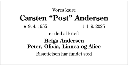 Dødsannoncen for Carsten “Post” Andersen - Sakskøbing