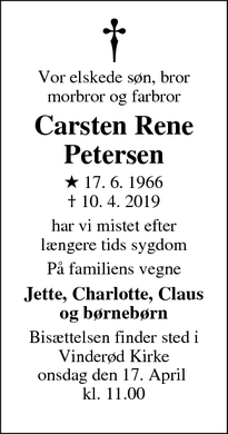 Dødsannoncen for Carsten Rene Petersen - Frederiksværk