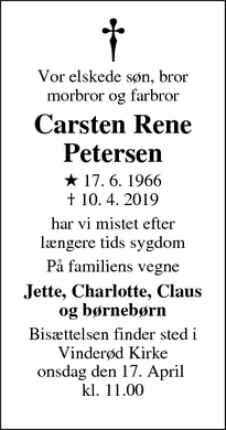 Dødsannoncen for Carsten Rene Petersen - Frederiksværk