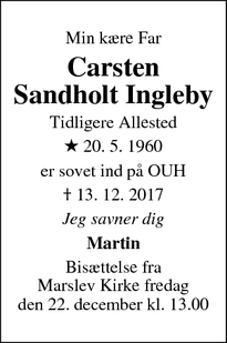 Dødsannoncen for Carsten Sandholt Ingleby - Allested