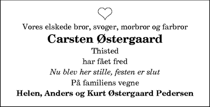 Dødsannoncen for Carsten Østergaard - Skagen
