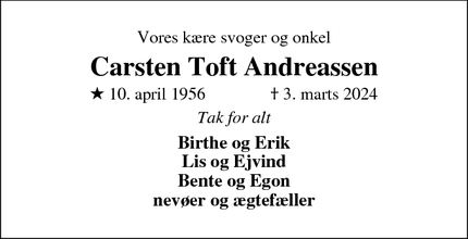 Dødsannoncen for Carsten Toft Andreassen - Skjern