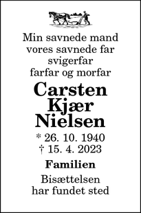 Dødsannoncen for Carsten
Kjær Nielsen - Tisted v. Terndrup
