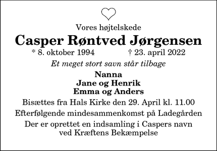 Dødsannoncen for Casper Røntved Jørgensen - Hals