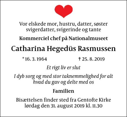 Dødsannoncen for Catharina Hegedüs Rasmussen  - Gentofte