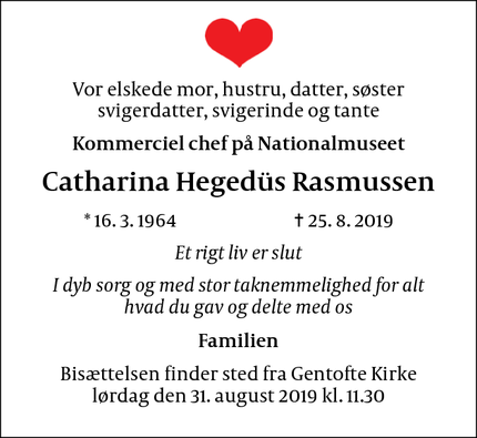 Dødsannoncen for Catharina Hegedüs Rasmussen  - Gentofte