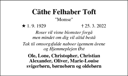 Dødsannoncen for Cäthe Felhaber Toft - Gladsaxe