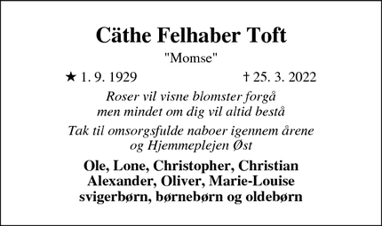 Dødsannoncen for Cäthe Felhaber Toft - Gladsaxe