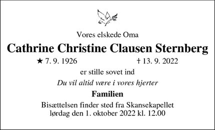 Dødsannoncen for Cathrine Christine Clausen Sternberg - Tommerup St