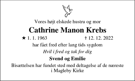 Dødsannoncen for Cathrine Manon Krebs - Borre
