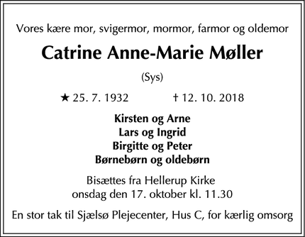 Dødsannoncen for Catrine Anne-Marie Møller   - Birkerød