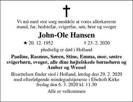 Dødsannoncen for John-Ole Hansen - 2406 LB Alphen AAn Den Rijn...Holland