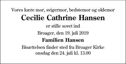 Dødsannoncen for Cecilie Cathrine Hansen - Broager