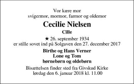 Dødsannoncen for Cecilie Nielsen - Givskud
