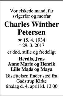 Dødsannoncen for Charles Winther Petersen - Gadstrup