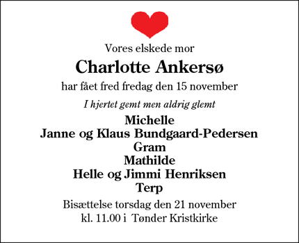 Dødsannoncen for Charlotte Ankersø - Haderslev 