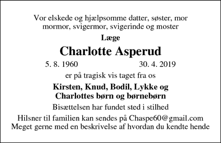Dødsannoncen for Charlotte Asperud - Tisvildeleje
