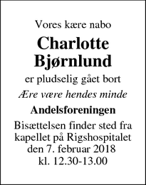 Dødsannoncen for Charlotte Bjørnlund - Frederiksberg