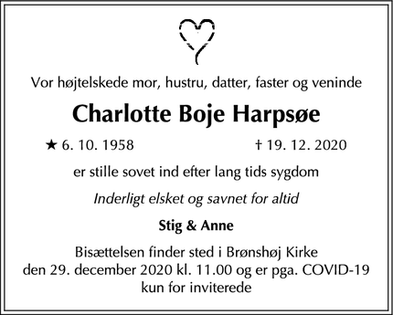 Dødsannoncen for Charlotte Boje Harpsøe - Brønshøj