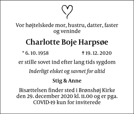 Dødsannoncen for Charlotte Boje Harpsøe - Brønshøj