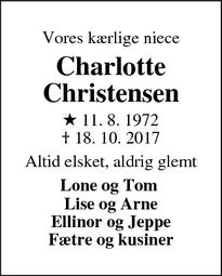 Dødsannoncen for Charlotte Christensen - Esbjerg