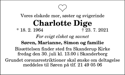 Dødsannoncen for Charlotte Dige - Skanderborg