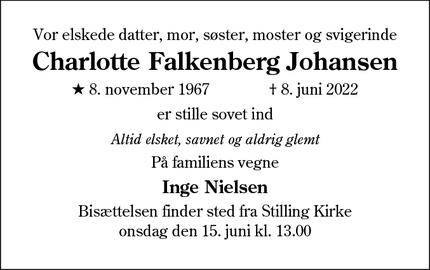 Dødsannoncen for Charlotte Falkenberg Johansen - Rødding