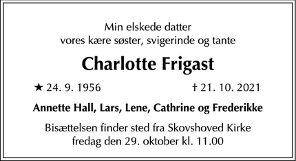 Dødsannoncen for Charlotte Frigast - Klampenborg