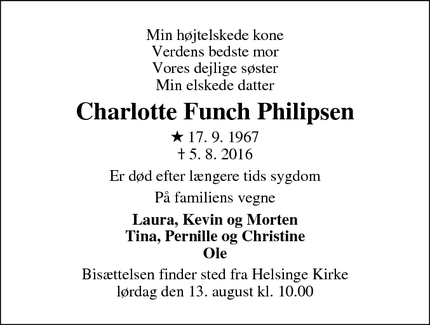 Dødsannoncen for Charlotte Funch Philipsen - Græsted