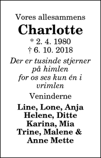 Dødsannoncen for Charlotte - Hjørring