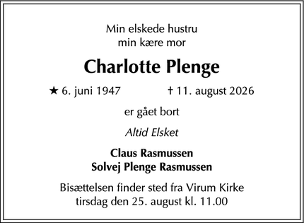 Dødsannoncen for Charlotte Plenge - Virum