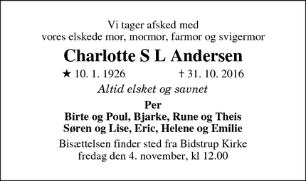 Dødsannoncen for Charlotte S L Andersen - Birkerød