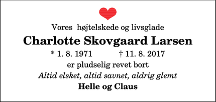 Dødsannoncen for Charlotte Skovgaard Larsen - Gjøl