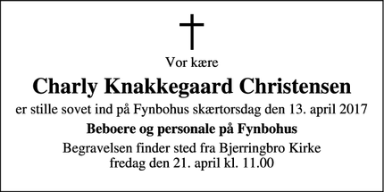 Dødsannoncen for Charly Knakkegaard Christensen - Vammen, 8830 Tjele
