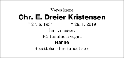 Dødsannoncen for Chr. E. Dreier Kristensen - Nakskov