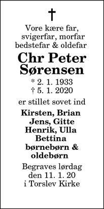 Dødsannoncen for Chr Peter Sørensen - Skovsgaard