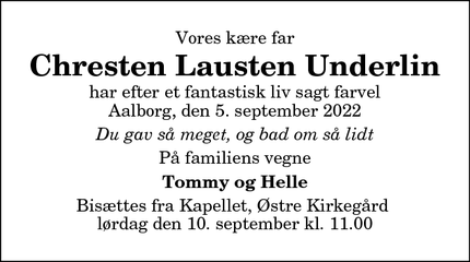 Dødsannoncen for Chresten Lausten Underlin - Aalborg
