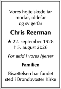 Dødsannoncen for Chris Reerman - Brøndbyøster