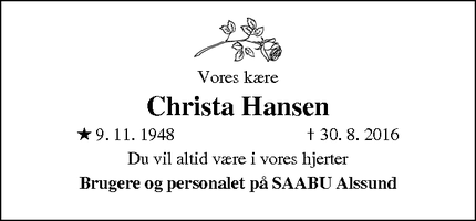 Dødsannoncen for Christa Hansen - Sønderborg, Danmark